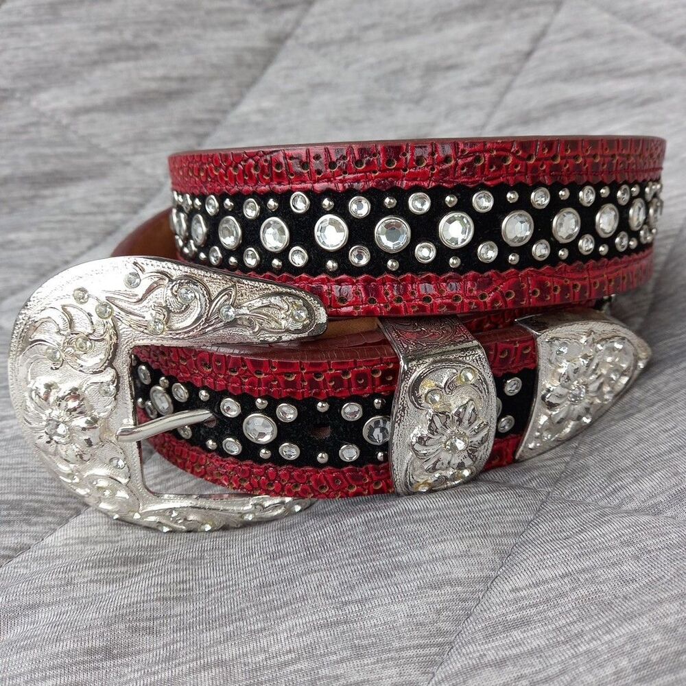 Ariat Fat Baby Western Red/Black Leather Bling Belt sz 32 Rhinestones/Studs Rare